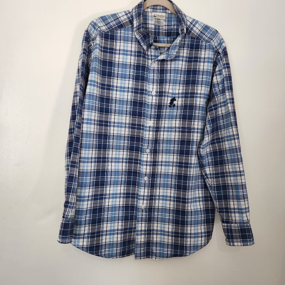 Disney Parks Men's Large Blue Plaid Button Up Shirt Mickey Mouse Embroidered L